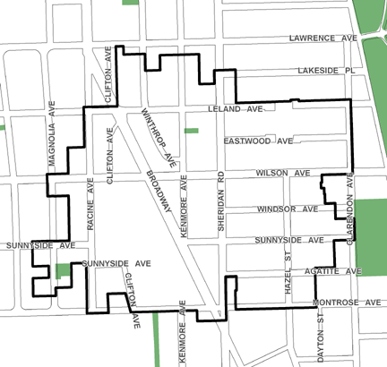 Wilson Yard TIF district, roughly bounded on the north by Lawrence Avenue, Montrose Avenue on the south, Clarendon Avenue on the east, and Magnolia Avenue on the west.